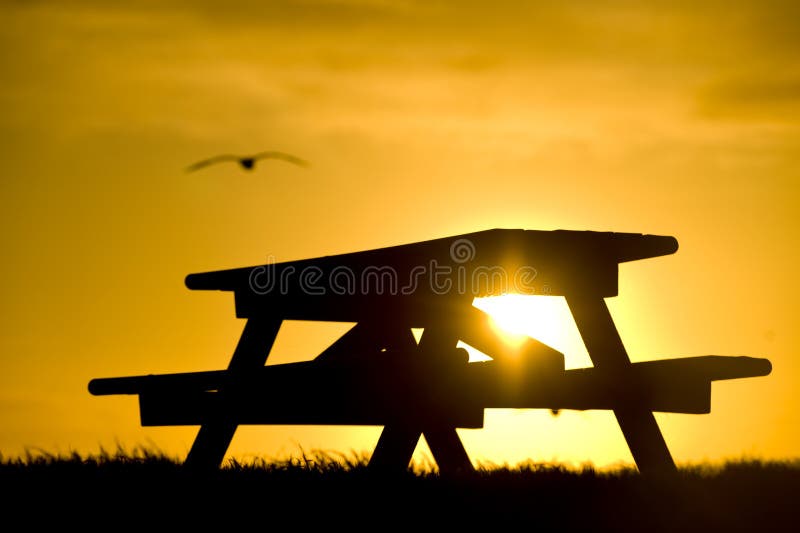 Picnic Bench Silhouetted Against Sunset