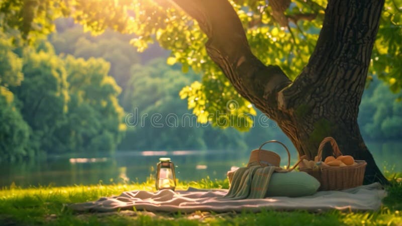 A Picnic Blanket Set Up Under