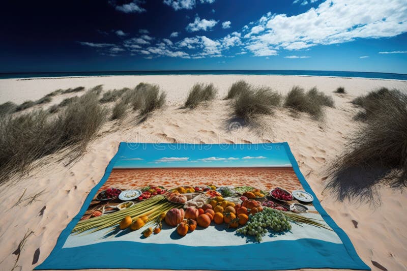 Picnic Blanket Spread Out on Sandy Beach, with Views of the Ocean and
