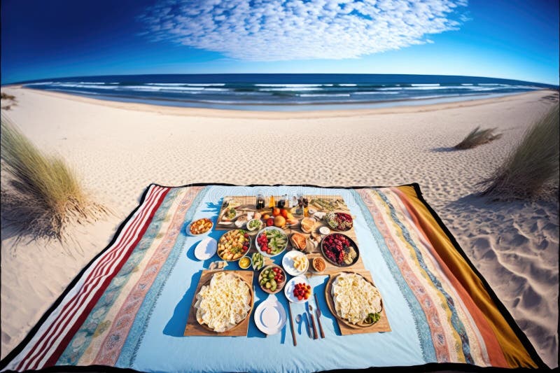Picnic Blanket Spread Out on Sandy Beach, with Views of the Ocean and