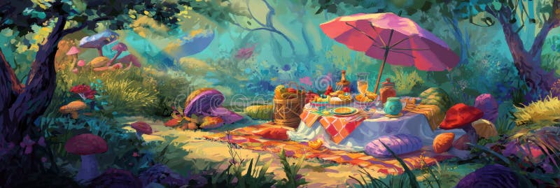 Picnic colorat răspândit într-o grădină magică înconjurat de flora vibrantă și ciuperci capricioase Generative AI stock photo
