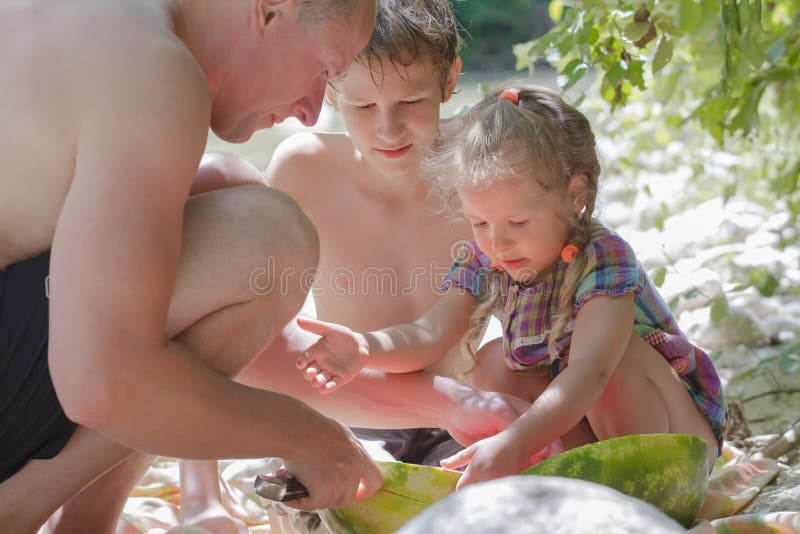Picnic della spiaggia di estate del padre e di due fratelli germani fotografia stock libera da diritti Picnic della spiaggia di estate del padre e di due fratelli germani fotografia stock libera da diritti