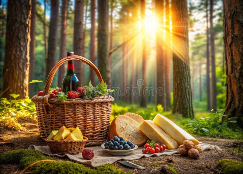 Picnic Gourmet en un Bosque Iluminado por el Sol. Deléitese con Exquisitas Delicias en Medio del Abrazo de la Naturaleza ilustración del vector
