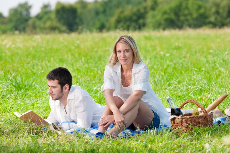 Picnic Romantic Couple Read Book Meadows Stock Photo Image of