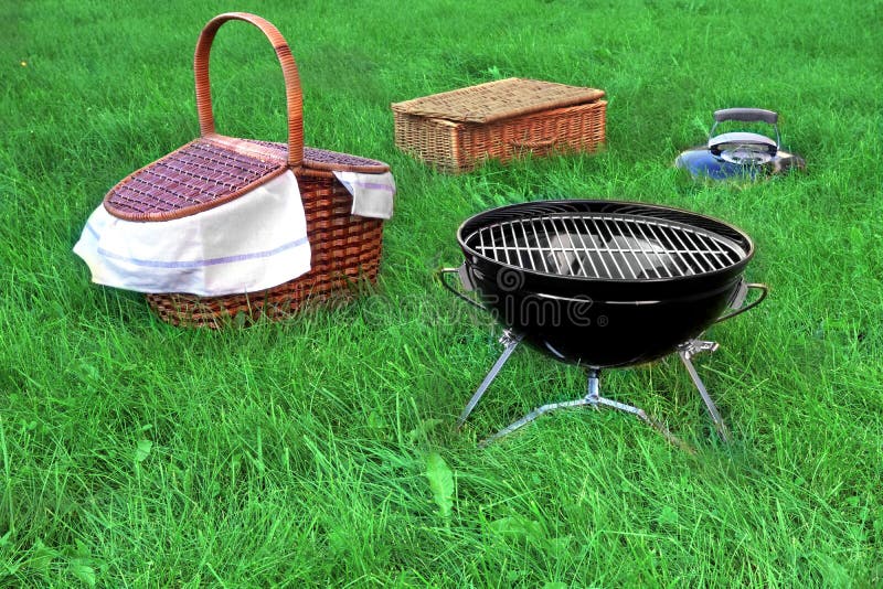 Picnic Scene With Two Basket And BBQ Grill Appliance