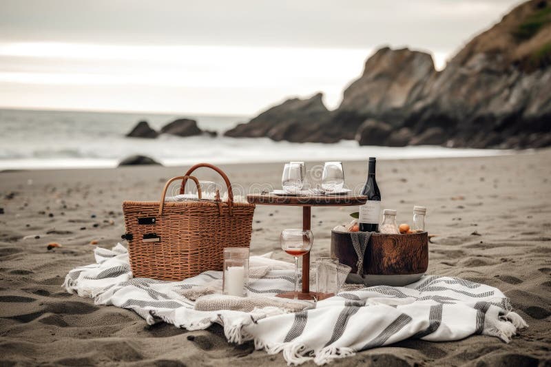 Picnic Setup with Basket, Blanket, and Wine Glasses on Beach Stock