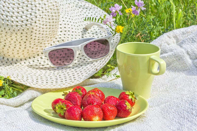 Picnic in the summer garden on the green grass, close-up