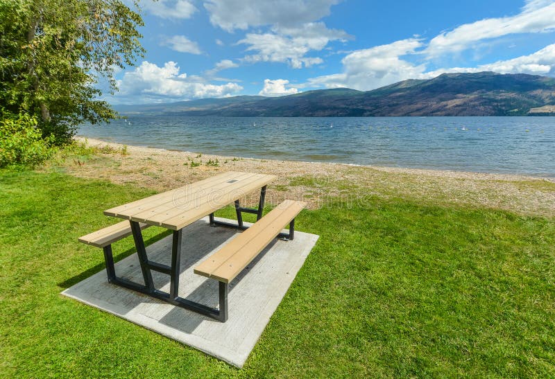 Picnic Area With Table And Benches On A Shore Of Okanagan Lake