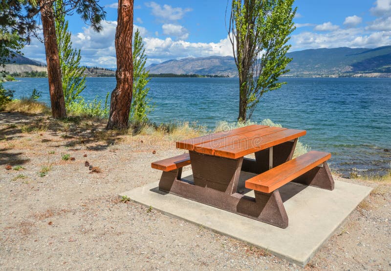 Picnic Table on a Shore of Okanagan Lake. Stock Image Image of
