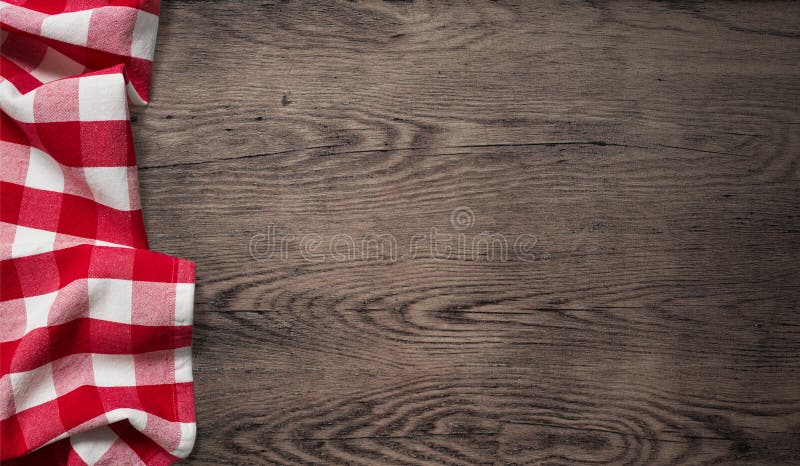 Picnic Tablecloth On Old Wooden Table Top View Stock Photo ...