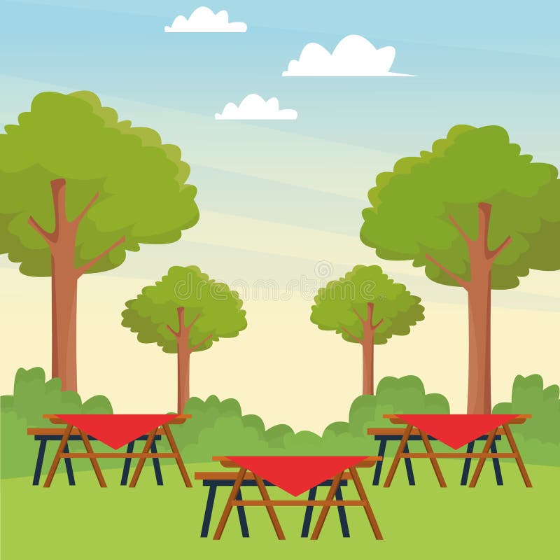 Picnic Tables in the Park, Colorful Design Stock Vector - Illustration ...