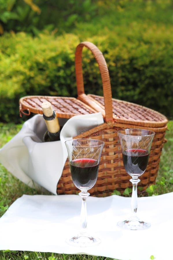 Picnic with red wine stock photo. Image of basket, dairy 20384042
