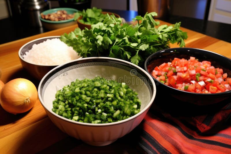 pico de gallo ingredients in separate bowls, ready for mixing, created with generative ai