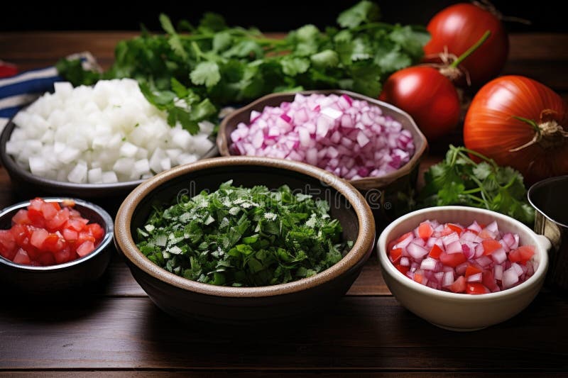 pico de gallo ingredients in separate bowls, ready for mixing, created with generative ai