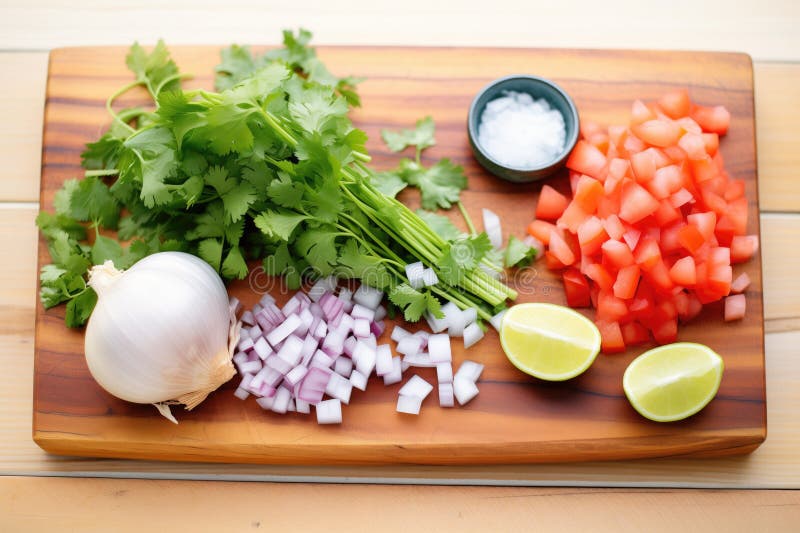 Pico de gallo składniki przed pokrojeniem na desce. Pico de gallo składniki przed pocięciem na płytę stworzoną z generatywnym ai generowane