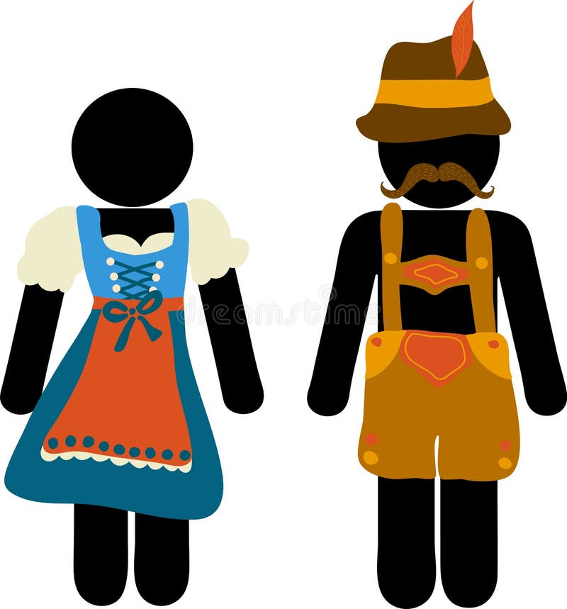 Pictogram Oktoberfest beer festival greeting card. Man and woman icons in traditional bavarian costume signs for royalty free illustration Pictogram Oktoberfest beer festival greeting card. Man and woman icons in traditional bavarian costume signs for royalty free illustration