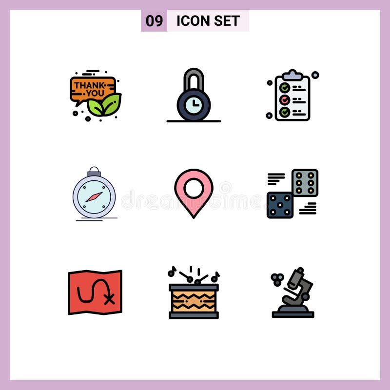 Pictogram Set of 9 Simple Filledline Flat Colors of location, gps, check list, navigation, compass stock illustration