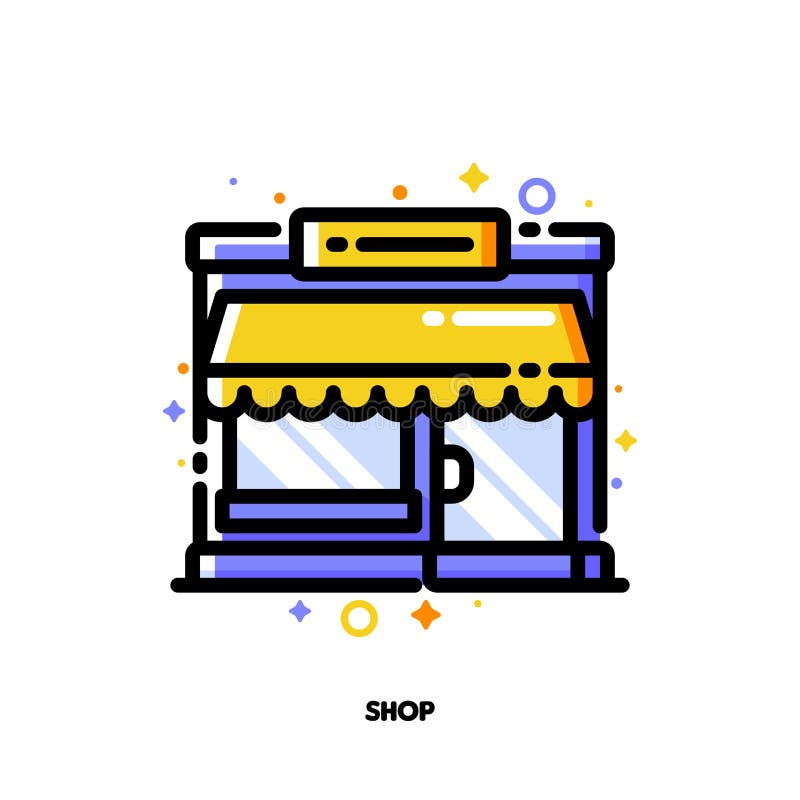Pictogram van de kleine winkelbouw of boutique met showcase voor het winkelen en kleinhandelsconcept Vlak gevulde overzichtsstijl stock illustratie Pictogram van de kleine winkelbouw of boutique met showcase voor het winkelen en kleinhandelsconcept Vlak gevulde overzichtsstijl stock illustratie
