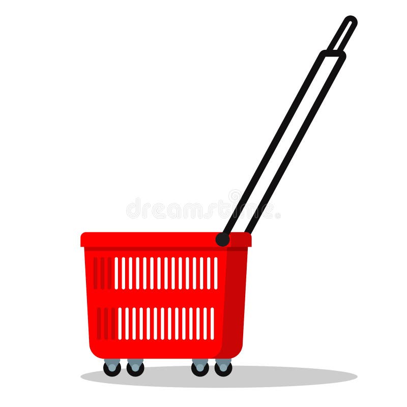 Pictogram van het kleuren het eenvoudige malplaatje van rode plastic het winkelen mand met wielen en lang handvat stock illustratie Pictogram van het kleuren het eenvoudige malplaatje van rode plastic het winkelen mand met wielen en lang handvat stock illustratie