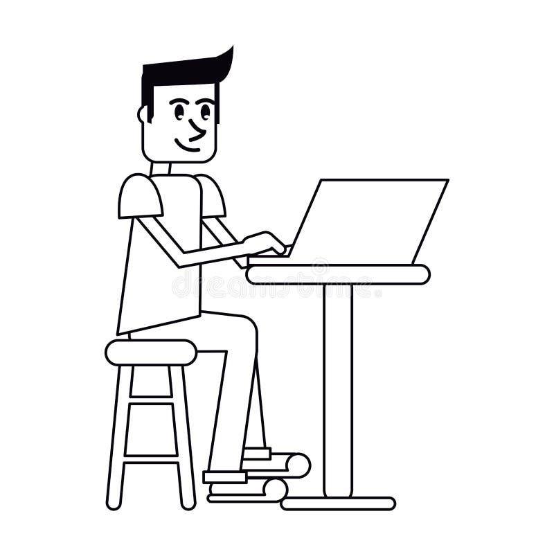 Pictogram young man sitting working computer stock illustration