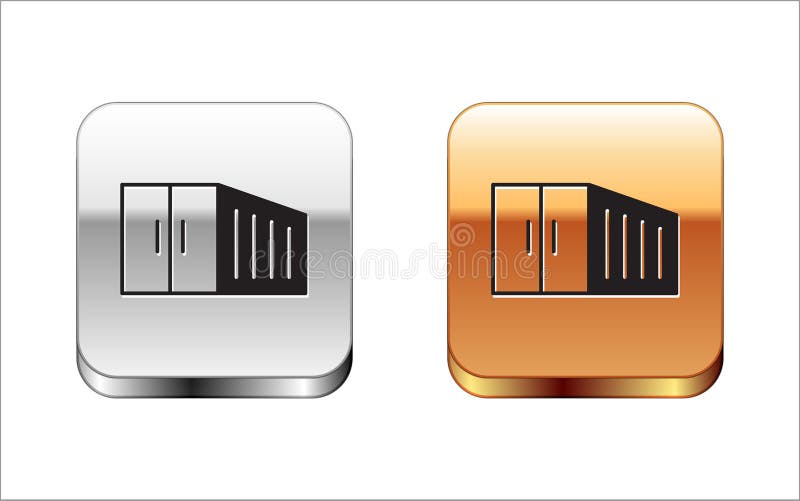 Pictograma container negru izolată pe fond alb. macara ridică un container cu mărfuri. butoane din argint și din aur royalty free illustration
