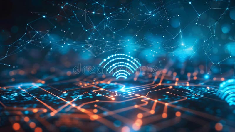 Pictograma de semnal WiFi se află deasupra plăcii de circuite iluminate lumini albastre portocalii simbolizând conectivitatea comu. Reprezentare digitală rețea fără fir simbolizat wifi semnal pictogramă setat pe placa de circuit de fundal. placa de circuit este iluminată cu matrice vibrantă albastru portocaliu lumini sugerând date de tehnologie de conectare. pictograma de semnal wifi este afișată în mod proeminent în centru, atrăgând atenția asupra temei de comunicare. compoziția generală imaginea transmite senzația tehnologie modernă dispozitive de interconectare epoca noastră digitală.