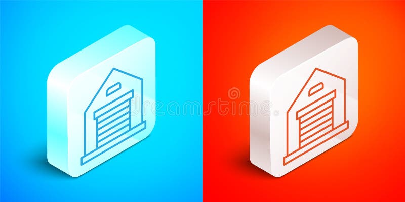 Pictograma depozitului de linii izometrice izolată pe fond albastru și roșu. buton pătrat de argint. vector royalty free illustration