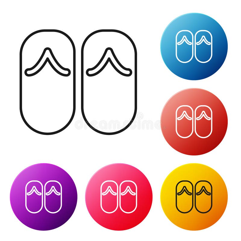 Pictograma Flip flotante cu linie neagră, izolată pe fond alb. papuci de plajă. setați pictograme butoane de cerc colorat. vector royalty free illustration