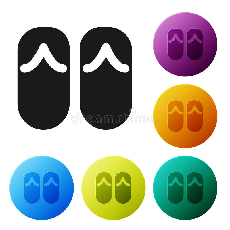 Pictograma Flip flotante negre, izolată pe fond alb. papuci de plajă. setarea pictogramelor în butoanele cercului de culori. vecto vector illustration