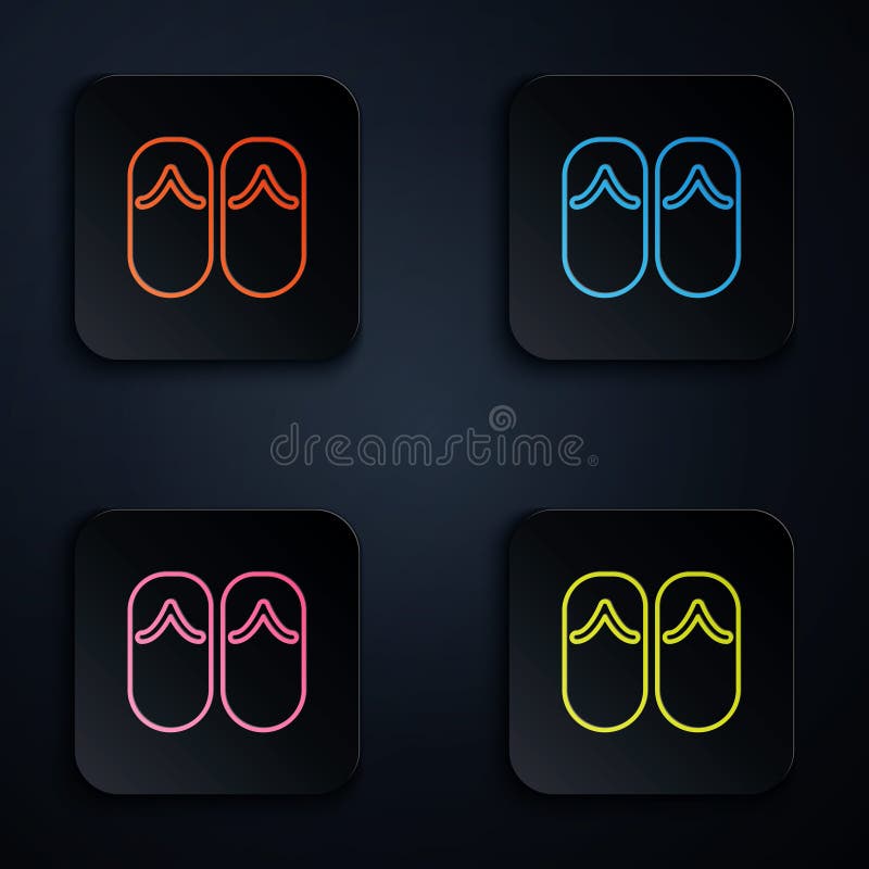 Pictograma flip flotantă linie neon color izolată pe fond negru. papuci de plajă. setare pictograme în butoane pătrate. vector royalty free illustration