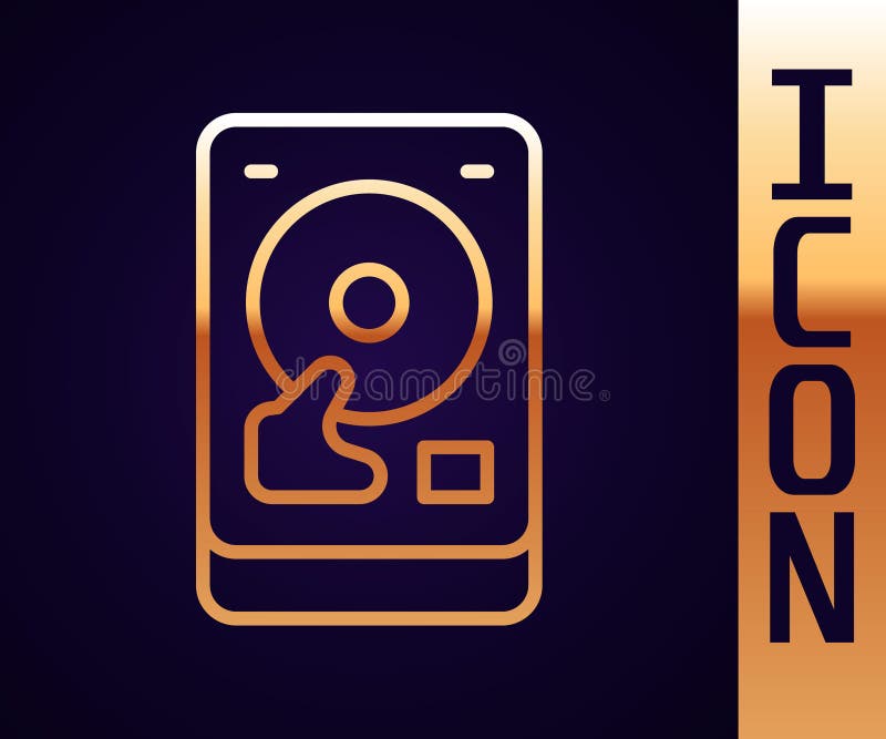 Pictograma hard disk cu linie aurie, izolată pe fond negru. vector royalty free illustration