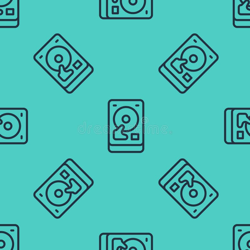 Pictograma hard disk cu linie neagră, cu model fără sudură, pe fundal verde. vector vector illustration