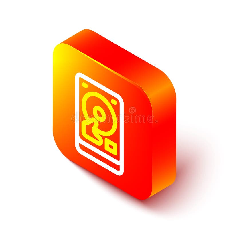 Pictograma HDD pentru hard disk de linie izometrică, izolată pe fond alb. buton pătrat portocaliu. vector vector illustration