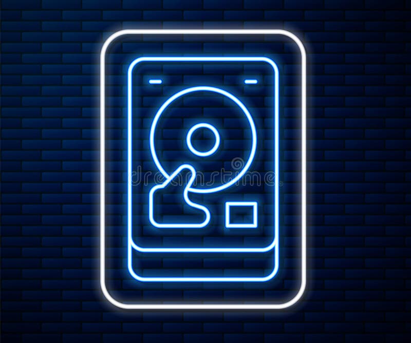Pictograma HDD pentru hard disk de linie strălucitoare, izolată pe fundalul peretelui din cărămidă. vector royalty free illustration