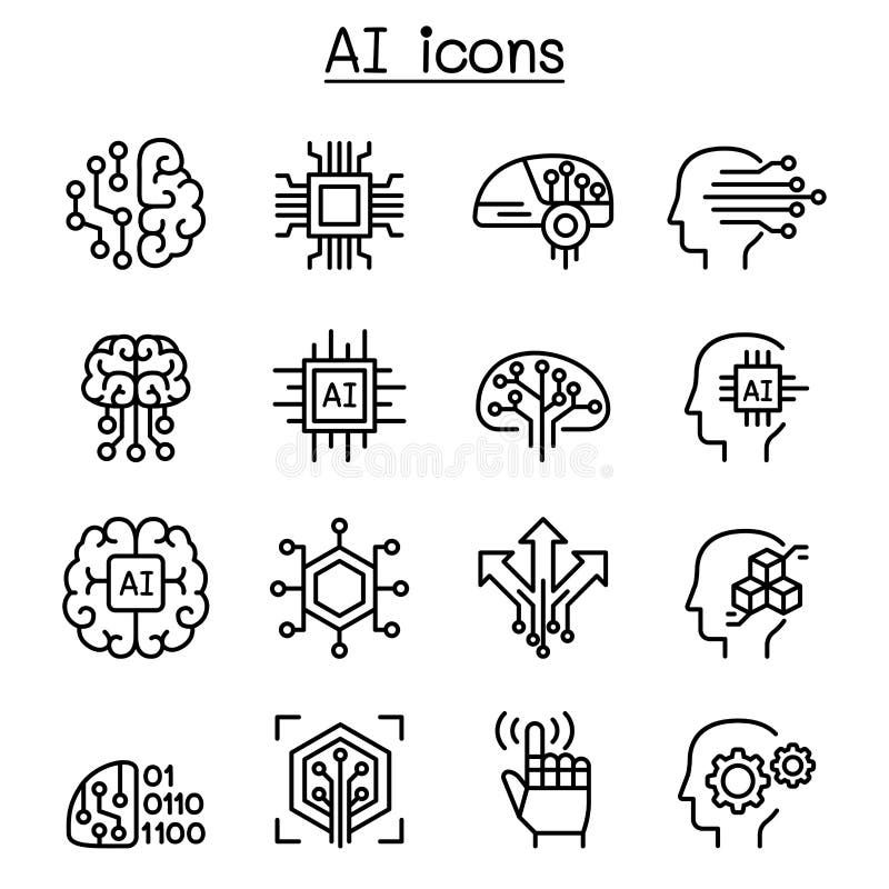 Pictograma Inteligență artificială setată în stil linie subțire royalty free illustration