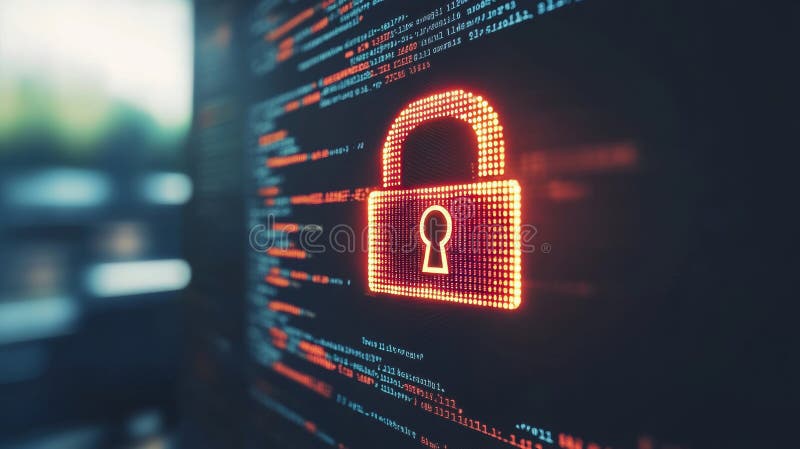 Pictograma Lacăt digital roșu pentru fundalul de coduri Cybersecurity și Data Protection Concept.