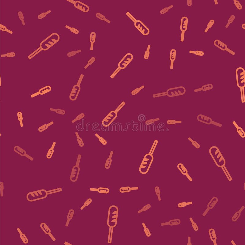 Pictograma pentru cârnat prăjit cu linie maro, model fără sudură, pe fond roșu. cârnat la grătar și semnul aromei. vector stock illustration
