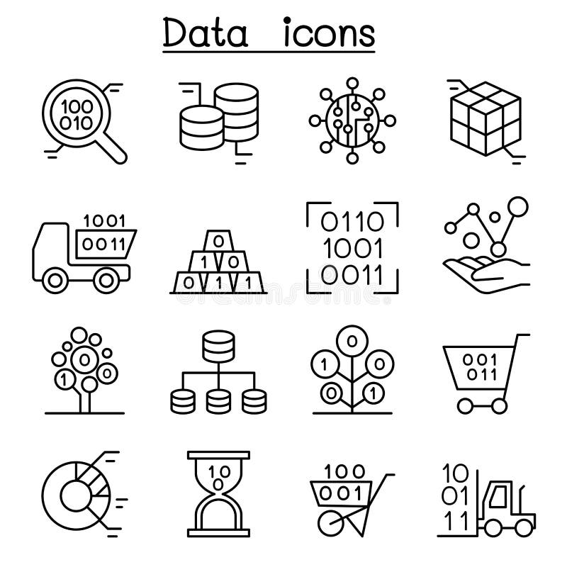 Pictograma pentru date bază de date&graph setată în stil linie subțire royalty free illustration