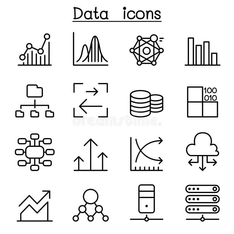 Pictograma pentru date bază de date&graph setată în stil linie subțire royalty free illustration
