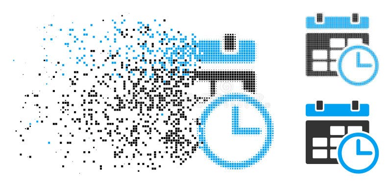 Pictograma pixeli pixelați deteriorați pentru dată și oră. Pictograma dată și oră din semiton pixelat dizolvat și din versiuni întregi. elementele sunt combinate în pictograma dată și oră de dizolvare vectorială. efectul de deintegrare implică puncte dreptunghiulare.