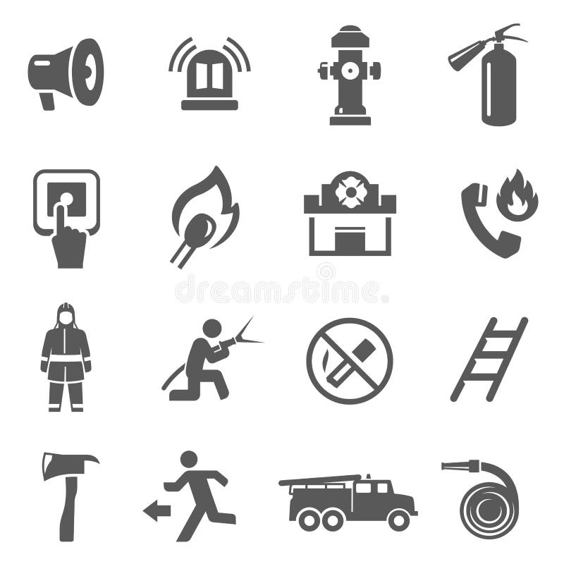 Pictograma Stingere a incendiilor setează locul de muncă al pompierilor și echipamentul profesional vector illustration
