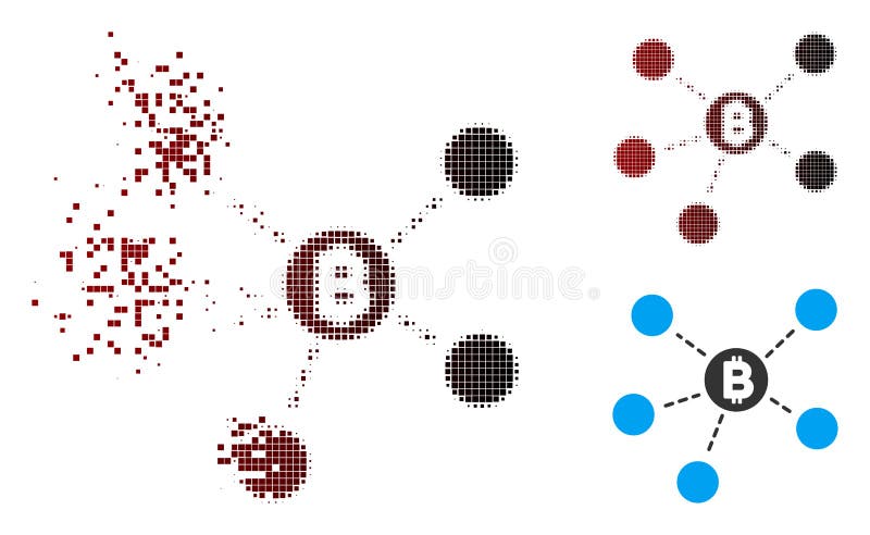 Pictograma structurii bitmonei bitmonice cu semitonuri în pixeli fragmentați. Pictograma de structură a plasei bitcoin vectoriale în semiton punctat dizolvat și în versiunile întregi nedeteriorate. efectul de dispariție implică scintile pătrate și gradientul orizontal de la roșu la negru.
