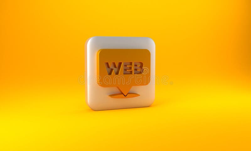 Pictograma Web și design grafic în aur, izolată pe fond galben. creație și dezvoltare. buton pătrat de argint 3d stock illustration