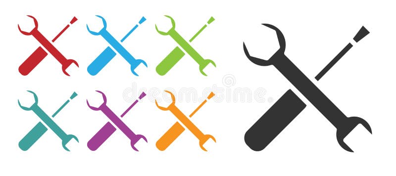 Pictograma Șurubelniță neagră și instrumentele cheie cheie pentru cheie, izolate pe fond alb. simbol instrument serviciu. setați p royalty free illustration