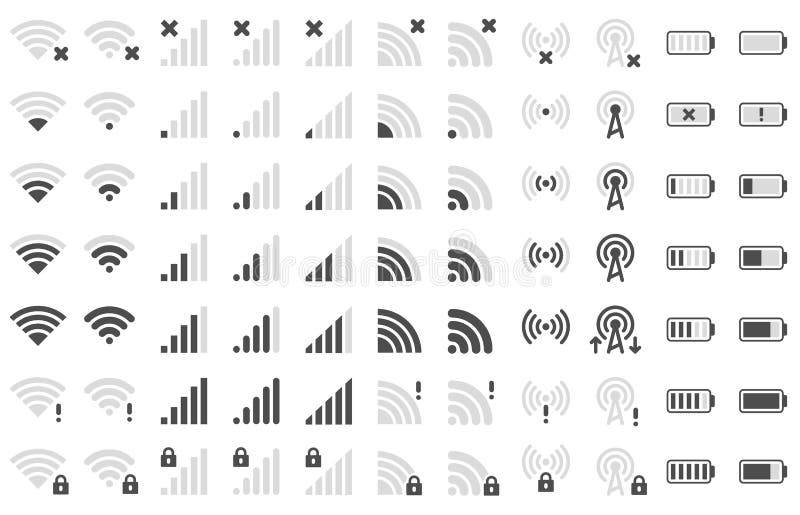 Pictograme bară de telefon mobil. pictograma Putere semnal wifi pentru nivelul de încărcare al bateriei pentru smartphone și nivel vector illustration