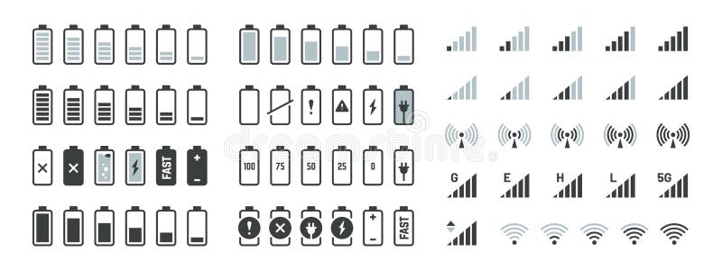 Pictograme baterie. elemente GSM și WIFI de rezistență a semnalului wireless smartphone ui setate la nivel negru. vector plin și g stock illustration