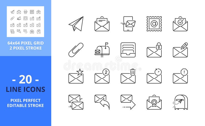 Pictograme linie despre e-mail. conceptul de tehnologie și comunicare. pixel perfect 64x64 și contur editabil vector illustration