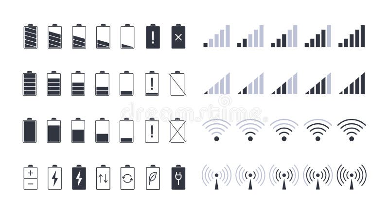 Pictograme pentru baterie și semnal wifi. contur editabil. pictograme pentru nivelul de încărcare și de acoperire a bateriei. elem stock illustration