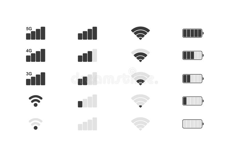 Pictograme pentru sistemul de telefonie mobilă. nivel de încărcare a bateriei pentru rezistența semnalului wifi. ilustrare vectori vector illustration