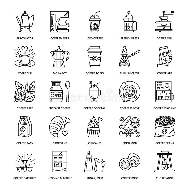 Pictograme vectoriale ale echipamentelor pentru fabricarea cafelei. elemente de măcinare franțuzească de cafea cu iarbă royalty free illustration